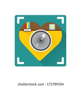 hipster Retro Camera in shape of heart flat icon with long shadow vector illustration for web design  and mobile app