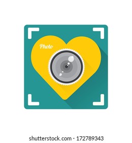 hipster Retro Camera in shape of heart flat icon with long shadow vector illustration for web design  and mobile app