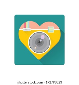 hipster Retro Camera in shape of heart flat icon with long shadow vector illustration for web design  and mobile app