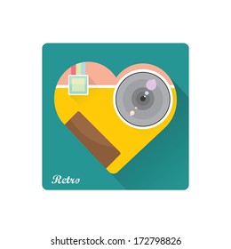 hipster Retro Camera in shape of heart flat icon with long shadow vector illustration for web design  and mobile app