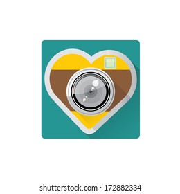 hipster Retro Camera in shape of heart flat icon with long shadow vector illustration for web design  and mobile app