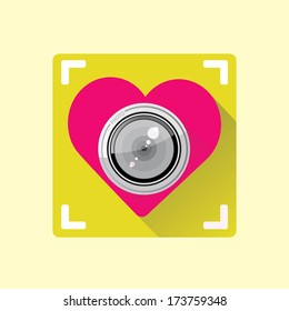 hipster Retro Camera in shape of heart flat icon with long shadow vector illustration for web design and mobile app