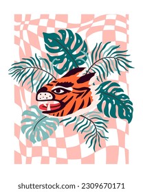 Hipster retro chess pattern with tiger and banana, palm leaves. A collection of groovy cliparts from 70s, 60s. Abstract design of cartoon stickers. Trend vector illustration. 