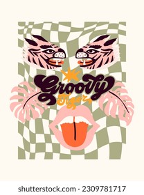 Hipster retro chess pattern with tiger and banana, palm leaves. A collection of groovy cliparts from 70s, 60s. Abstract design of cartoon stickers. Trend vector illustration. 