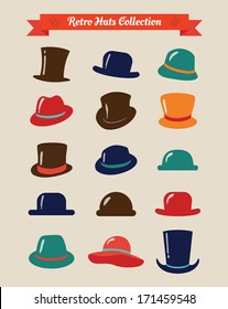 Hipster Retro Hats Vintage Icon Set, Illustration, Colorful