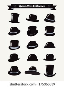 Hipster Retro Hats Vintage Icon Set, Illustration, Black