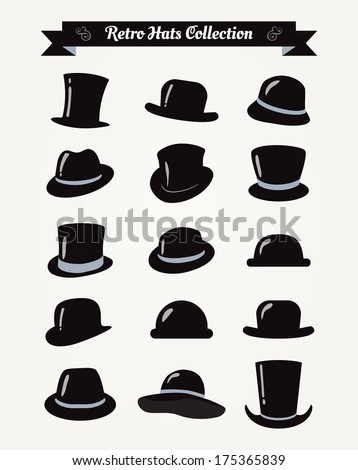 Hipster Retro Hats Vintage Icon Set, Illustration, Black