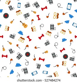 Hipster retro icons seamless pattern, tiling ornament on white. Vector illustration