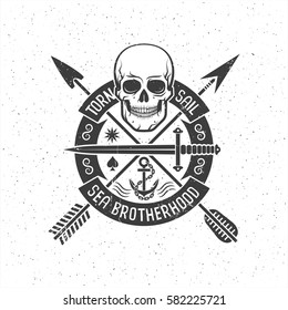 Hipster retro logo with a pirate skull, arrows, round banner and anchor. Grunge texture on separate layers and can be easily disabled.