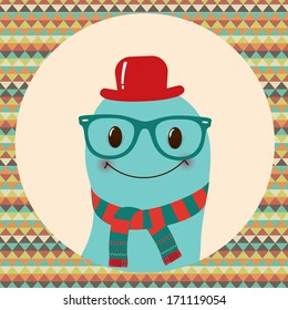 Hipster Retro Monster Card Illustration, Geometric Background