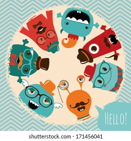 Hipster Retro Monsters Card Illustration, Banner, Background