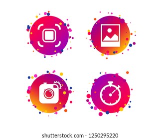 Hipster retro photo camera icon. Autofocus zone symbol. Stopwatch timer sign. Landscape photo frame. Gradient circle buttons with icons. Random dots design. Vector