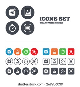 Hipster retro photo camera icon. Autofocus zone symbol. Stopwatch timer sign. Landscape photo frame. Web buttons set. Circles and squares templates. Vector