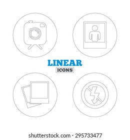 Hipster retro photo camera icon. No flash light symbol. Human selfie portrait photo frame. Linear outline web icons. Vector