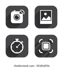 Hipster retro photo camera icon. Autofocus zone symbol. Stopwatch timer sign. Landscape photo frame. Square flat buttons with long shadow.