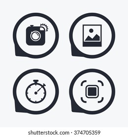 Hipster retro photo camera icon. Autofocus zone symbol. Stopwatch timer sign. Landscape photo frame. Flat icon pointers.