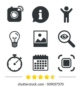 Hipster retro photo camera icon. Autofocus zone symbol. Stopwatch timer sign. Landscape photo frame. Information, light bulb and calendar icons. Investigate magnifier. Vector