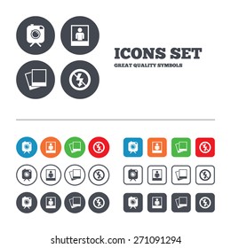 Hipster retro photo camera with mustache icon. No flash light symbol. Human selfie portrait photo frame. Web buttons set. Circles and squares templates. Vector