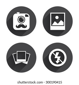 Hipster retro photo camera with mustache icon. No flash light symbol. Landscape photo frame. Circles buttons with long flat shadow. Vector