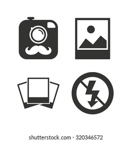 Hipster retro photo camera with mustache icon. No flash light symbol. Landscape photo frame. Flat icons on white. Vector