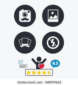 Hipster retro photo camera with mustache icon. No flash light symbol. Landscape photo frame. Star vote ranking. Client like and think bubble. Quotes with message.