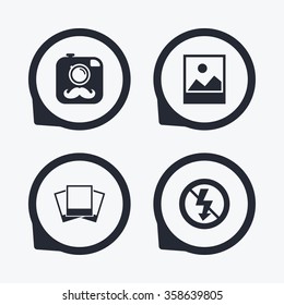 Hipster retro photo camera with mustache icon. No flash light symbol. Landscape photo frame. Flat icon pointers.