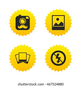 Hipster retro photo camera with mustache icon. No flash light symbol. Landscape photo frame. Yellow stars labels with flat icons. Vector
