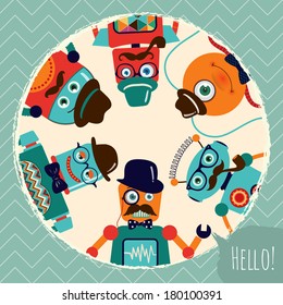 Hipster Retro Robots Card Illustration, Banner, Background