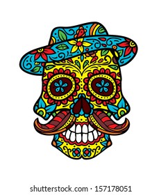 Hipster Retro Skull with Mustache and Hat