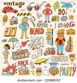 Hipster retro swag colorful set. Hand drawn vector illustration.