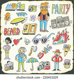 Hipster retro swag colorful set on card. Hand drawn vector illustration.