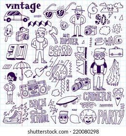 Hipster retro swag set. Hand drawn vector illustration. School notebook.