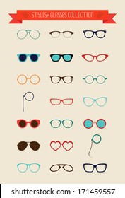 Hipster Retro Vintage Glasses Icon Set, Illustration, Colorful