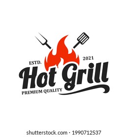 Hipster Retro Vintage Grill With Fire Flame and Crossed Fork spatula Logo Design
