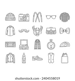 hipster retro vintage old style icons set vector. element fashion, banner emblem, stamp tag, label ornament, type modern, decoration hipster retro vintage old style black contour illustrations