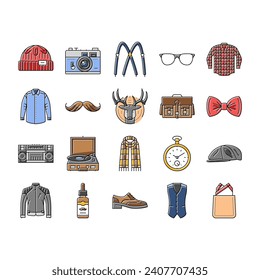 hipster retro vintage old style icons set vector. element fashion, banner emblem, stamp tag, label ornament, type modern, decoration hipster retro vintage old style color line illustrations