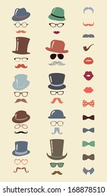 Hipster Retro Vintage Vector Icon Set, Mustache, Lips, Hats, Bow ties and Glasses Collection Colorful