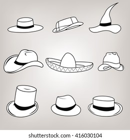 Hipster Retro Vintage Vector Icon Set hats - sombrero, cylinder, passport, Safari pith hat, wizard, hat ravin, English hat, hat cowboy. 