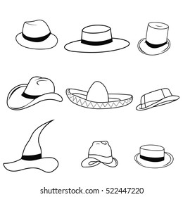 Hipster Retro Vintage Vector Icon Set of hats - sombrero, cylinder, passport, Safari pith  wizard  Ravin, English , a cowboy, vector