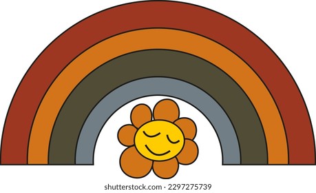 Hipster retro y2k rainbow with flowers. Funky illustration in vintage hippy style. Flower power. Good vibes. Stay groovy.