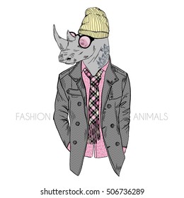 hipster rhino dressed up in coat, furry art illustration, fashion animals, hipster animals