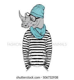 Hipster rhino dressed up in frock, knitted scarf and beanie hat. Furry art illustration. Fashion animals