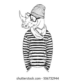 Hipster rhino dressed up in frock, knitted scarf and beanie hat. Furry art illustration. Fashion animals