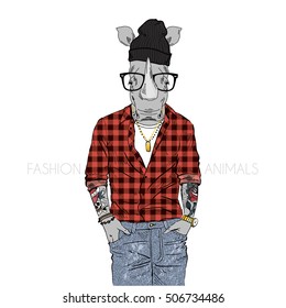 hipster rhino dressed up in plaid shirt, furry art illustration, fashion animals, hipster animals, anthropomorphism