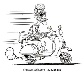 Hipster ride on scooter. Black and white. Isolated