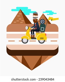  Hipster riding a scooter near Egypt pyramid scene. flat design elements. Vector illustration