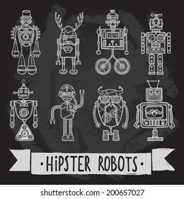 Hipster robot retro humanoid avatar black silhouette icons set isolated vector illustration.