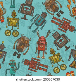 Hipster robot retro humanoid avatar colored seamless pattern vector illustration
