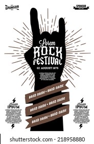 hipster rock festival poster with hand ribbon lightning starburst