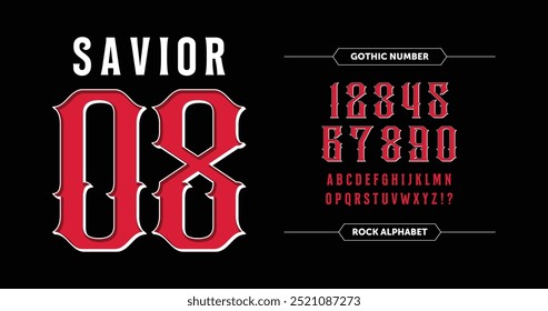 Hipster Rock Jersey Number Design: Red Numbers with White Outline on Black.
Featuring gothic bold red numbers with a white outline and clean white A-Z characters on a sleek black background. 